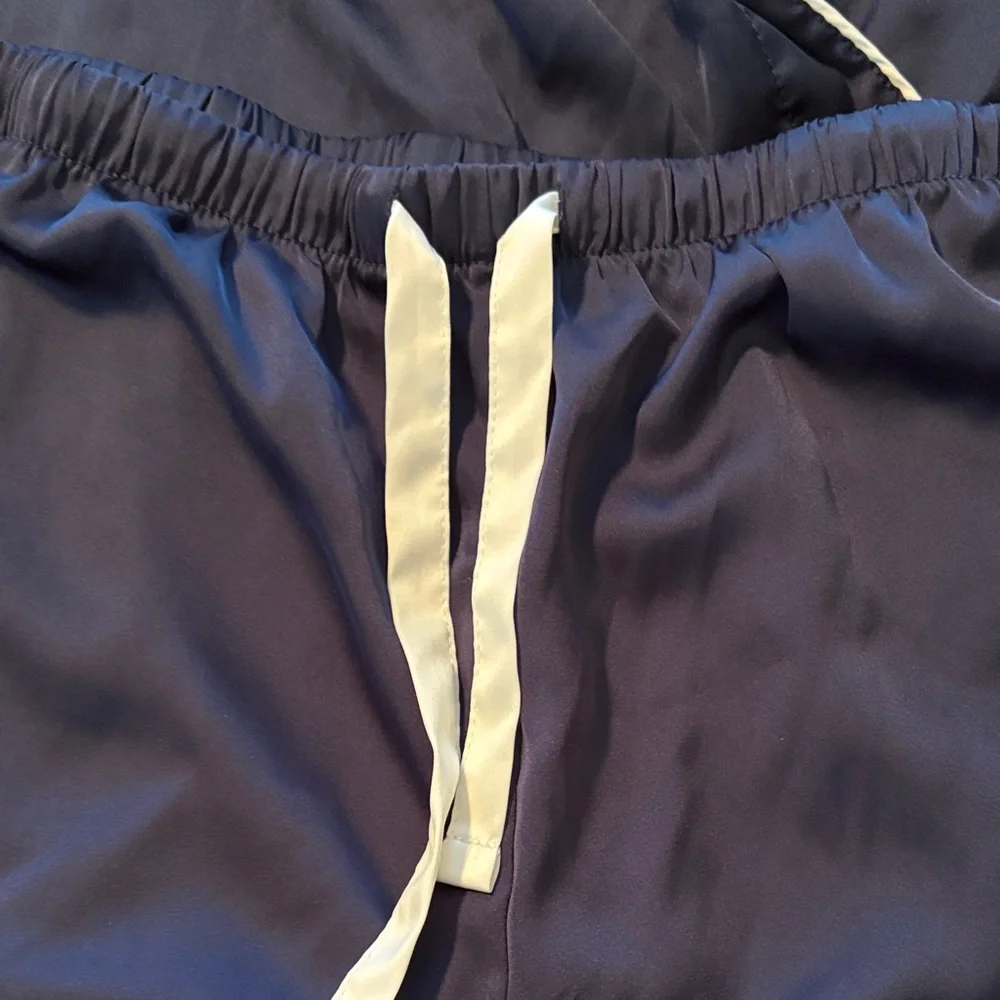 Elegant Navy Satin Pajama Set with white Accents size medium - Picture 2 of 5
